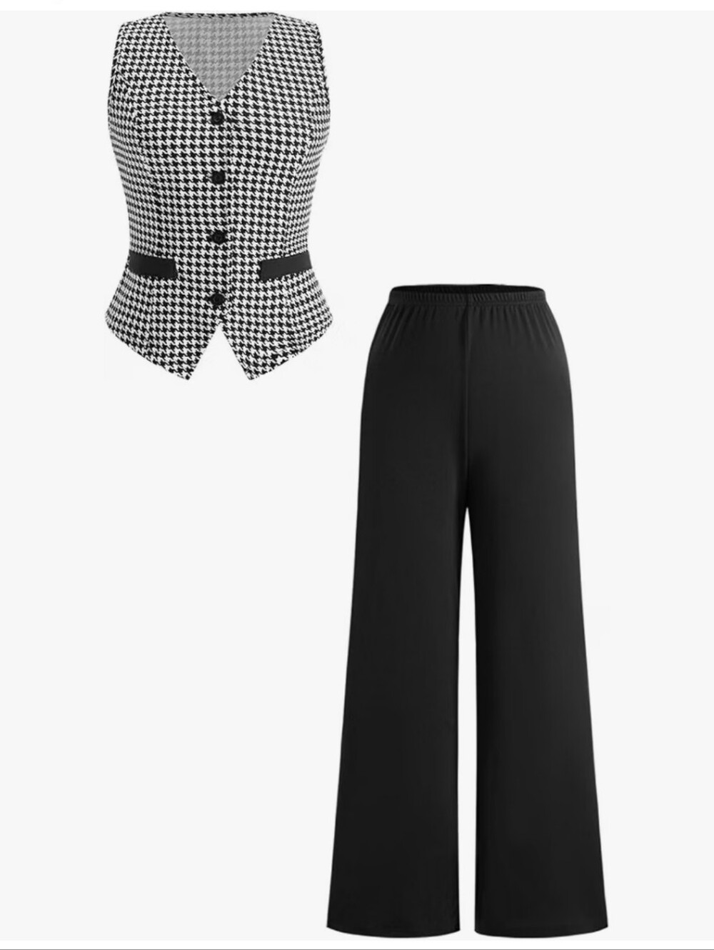 Houndstooth Vest & Black Wide-Leg Pants Set
